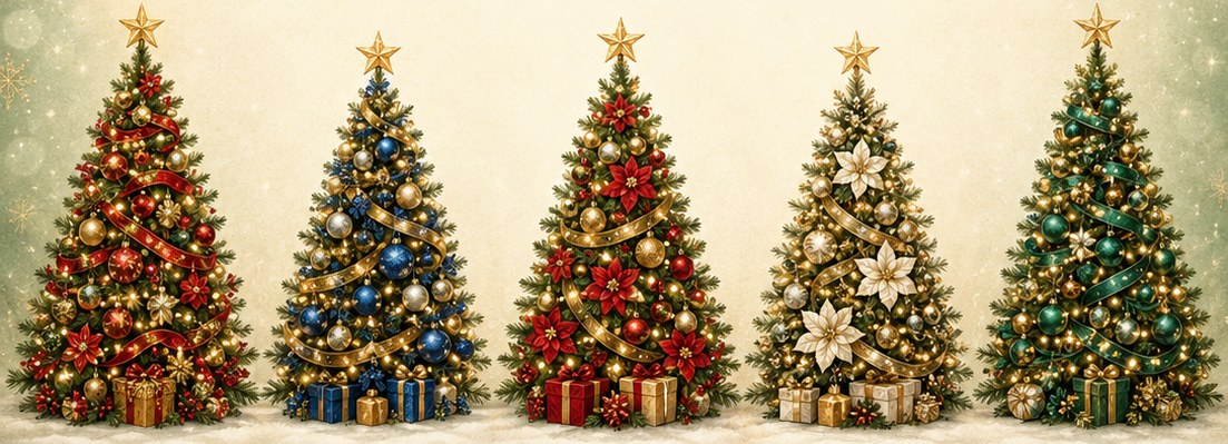 Five decorated Christmas trees in red, blue, poinsettia, white-and-gold and emerald themes